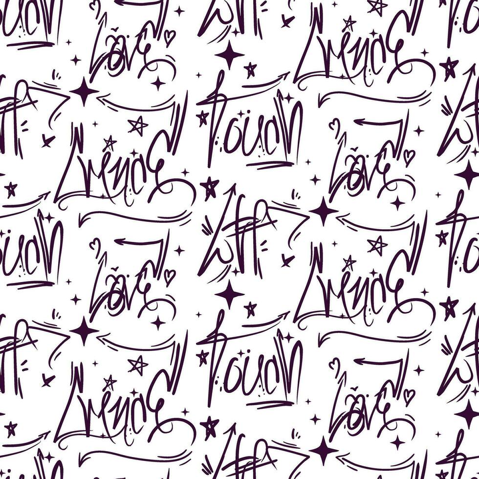 A pattern of inscriptions in a modern graffiti style. Inscriptions, the words cringe, wtf, love, touch. Background with fashionable vector texts illustration on a white background. Texture with street