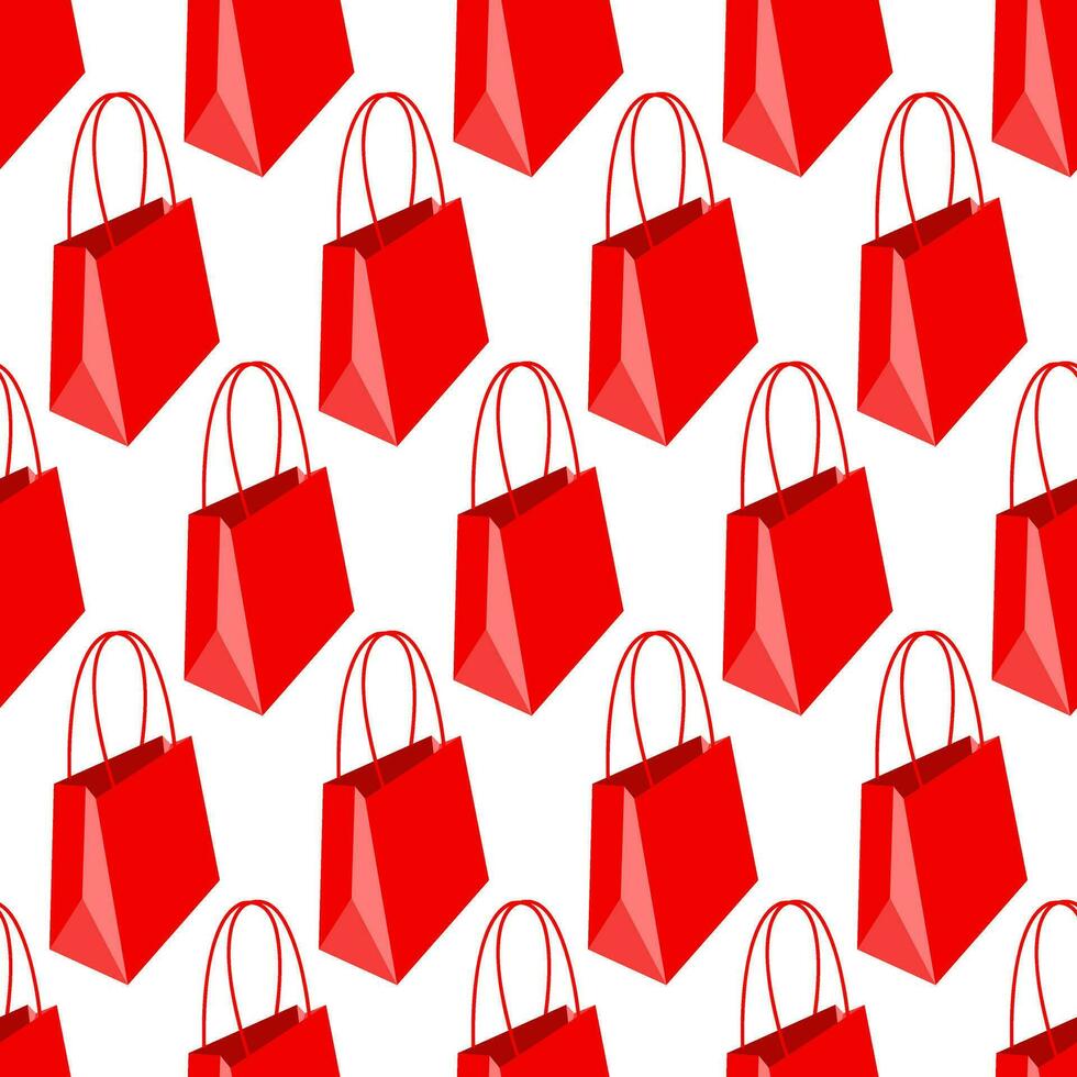 Pattern of a paper shopping bag with handles in red colors on a white background. Seamless festive, gift texture. Printing for birthday packaging, as well as the theme of discounts, promotions, sales vector