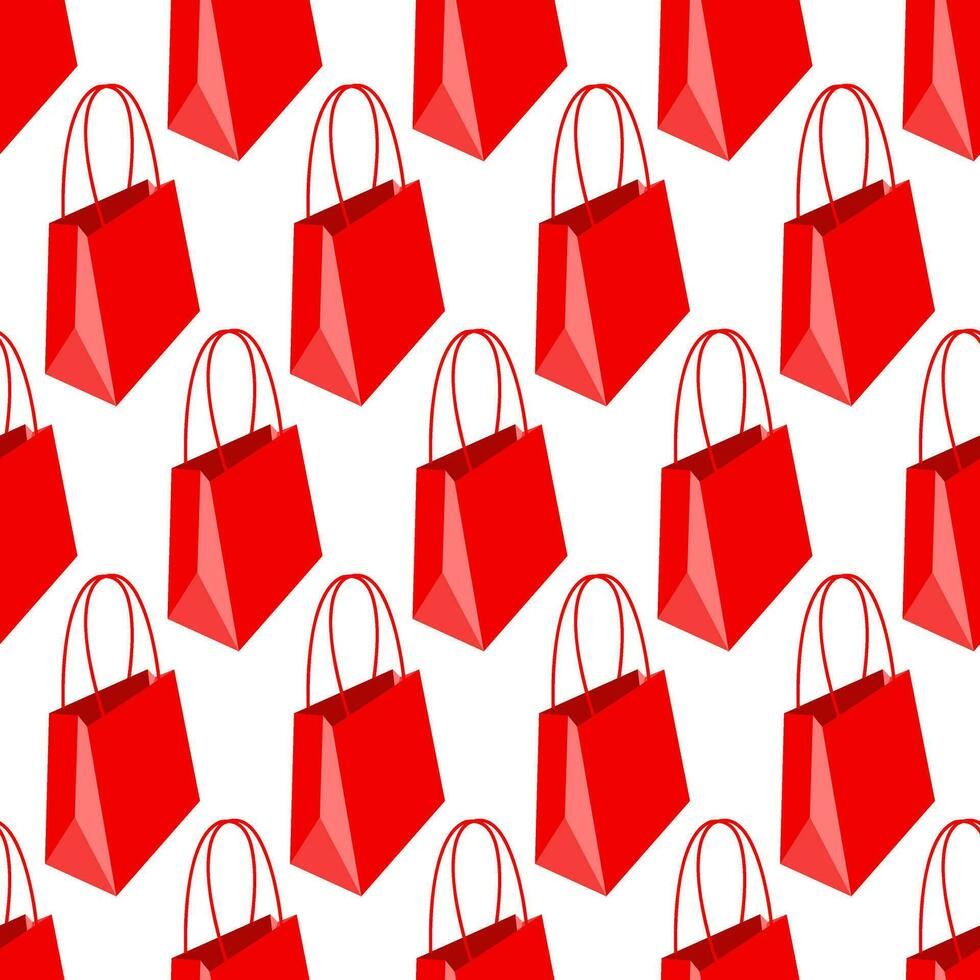 Pattern of a paper shopping bag with handles in red colors on a white background. Seamless festive, gift texture. Printing for birthday packaging, as well as the theme of discounts, promotions, sales vector