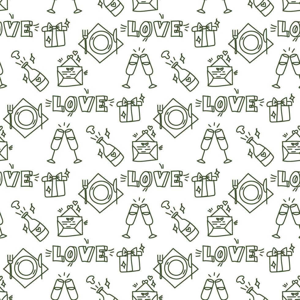 Wedding background. Seamless pattern with wedding elements to determine the arrival time of guests. Wedding symbols. Cartoon contour handmade wedding symbols on a white background. Contour icons vector