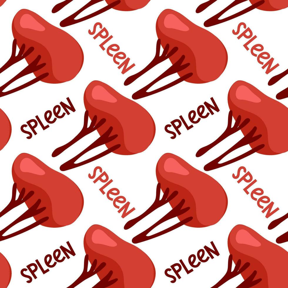 A cartoon-style pattern of a human spleen. Seamless vector repeating human internal organ with an inscription. Suitable for any web design. Medicine, health, human
