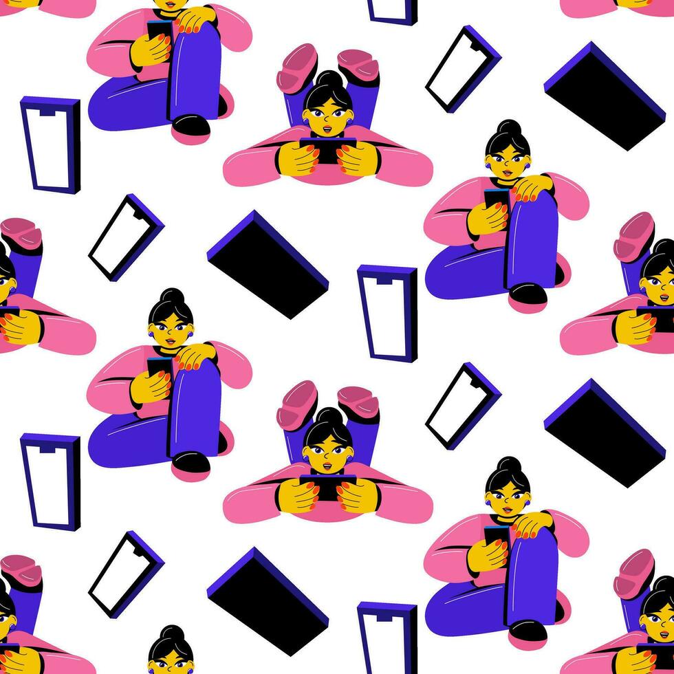 A pattern of characters of girls corresponding with someone on the phone. Online shopping with a smartphone. Emotional girls relax, communicate, work, shop with a phone in their hands on white. Rest vector