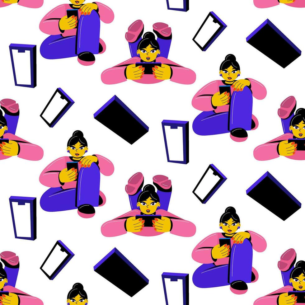 A pattern of characters of girls corresponding with someone on the phone. Online shopping with a smartphone. Emotional girls relax, communicate, work, shop with a phone in their hands on white. Rest vector