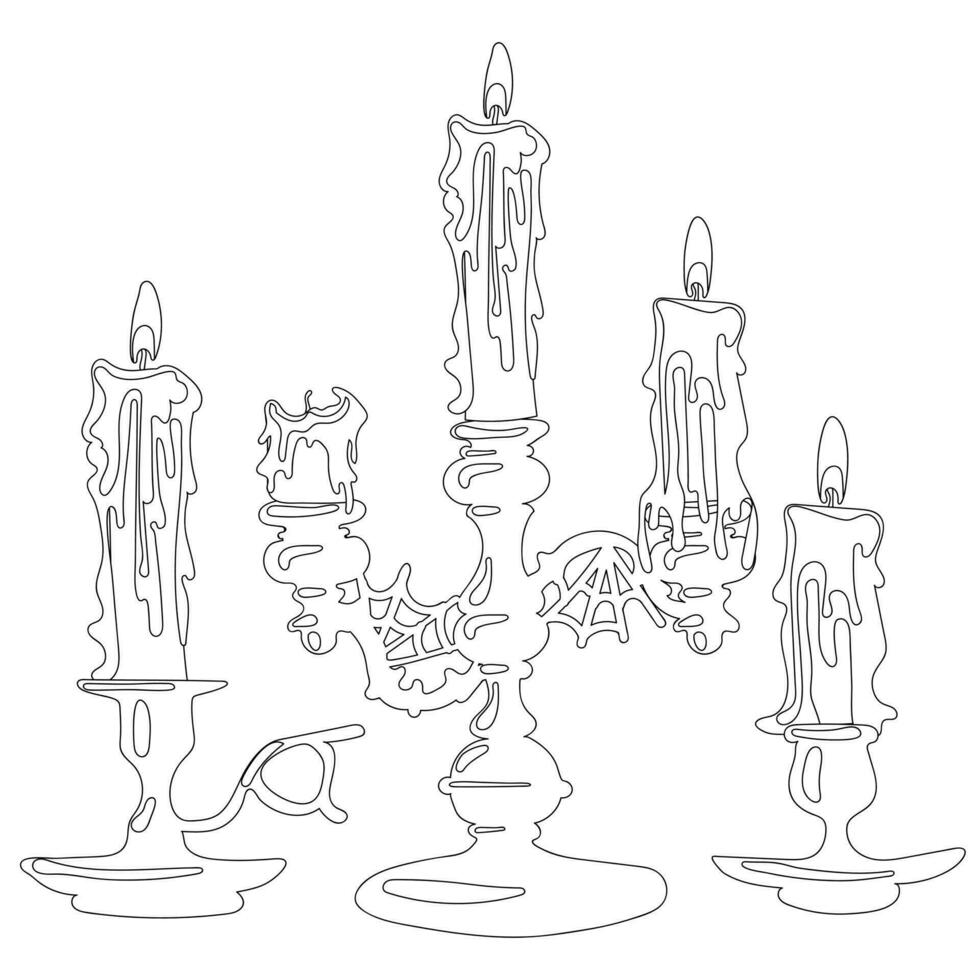 un conjunto de candelabros con velas el contorno de antiguo mano titulares con velas velas para Adivinación en titulares colorante libro. siluetas de candelabros para colorante vector