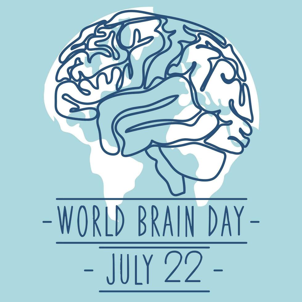 Postcard for World Brain Day, vector illustration with a cute brain in cartoon style on the background of the earth. July 22 and the bright blue outline of the human brain. Medicine, human health