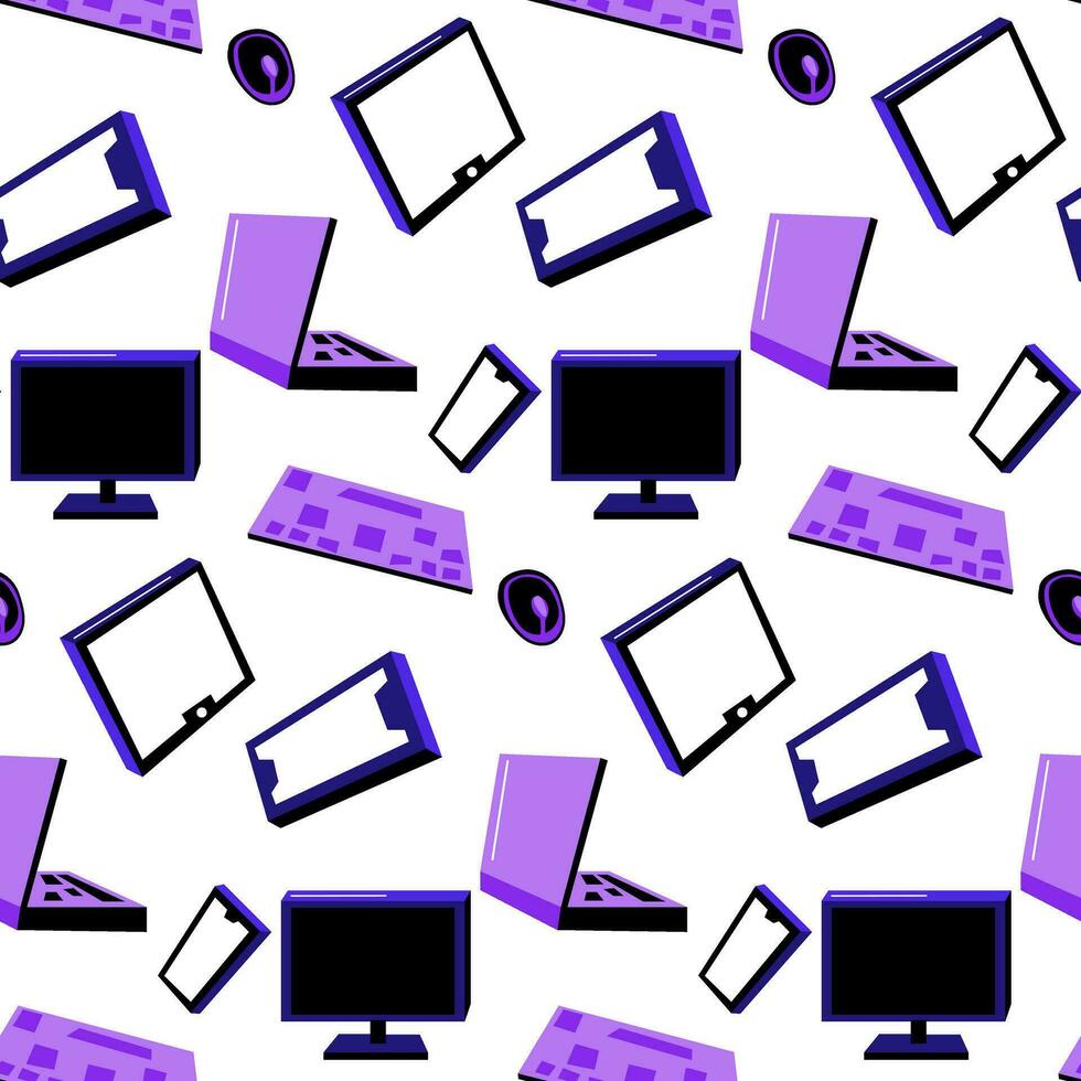 A pattern of cute electronics elements. Seamless pattern of chaotic laptop, monitor, phone, tablet, keyboard, mouse game console. Vector texture in a flat cartoon design in purple color scheme Technic