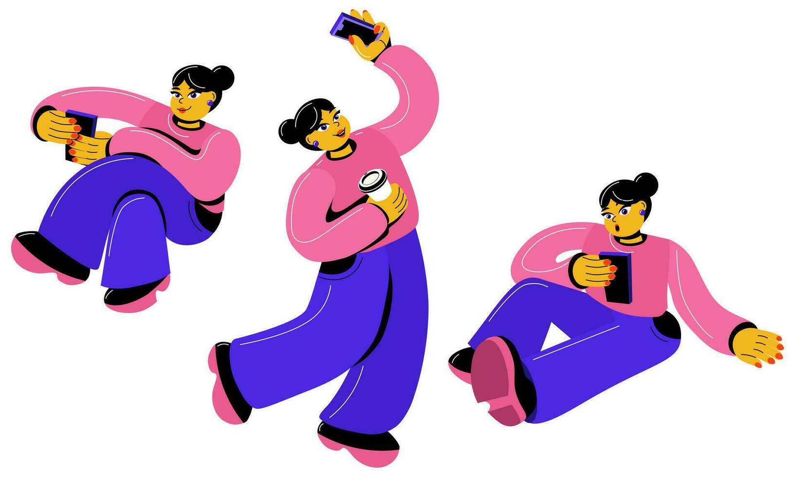 A set of girls texting with someone on the phone. Communicates using a smartphone. Emotional girls relax, communicate, work with the phone in their hands. A character in the work on white background vector