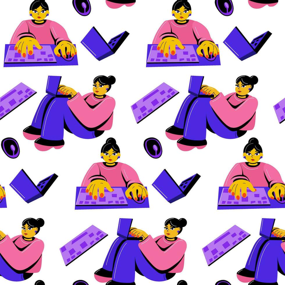 A pattern of characters of girls corresponding with someone on a laptop and computer. Shop online. Emotional girls relax, communicate, work, shop online on a white background. Technology around vector