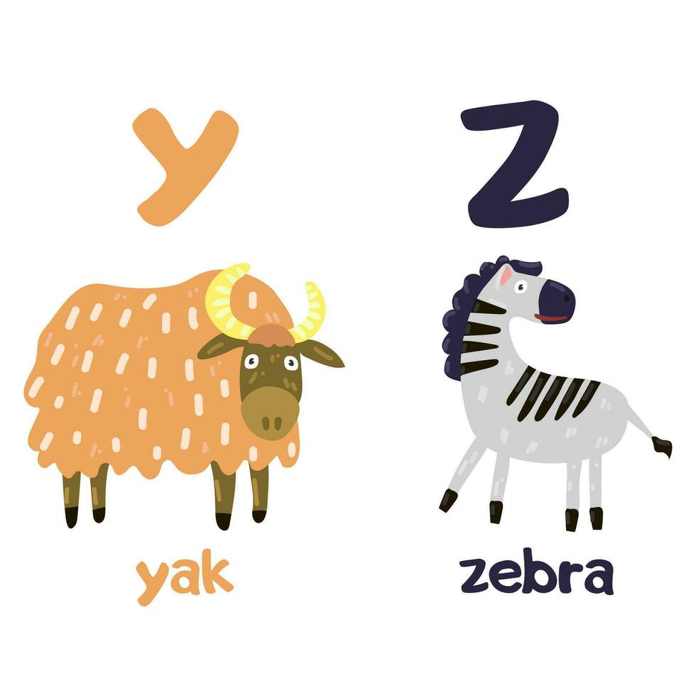 English alphabet with a set of vector illustrations of cute animals. A group of isolated uppercase letters with animals. Children's font for children ABC book symbols pack. Yak, zebra