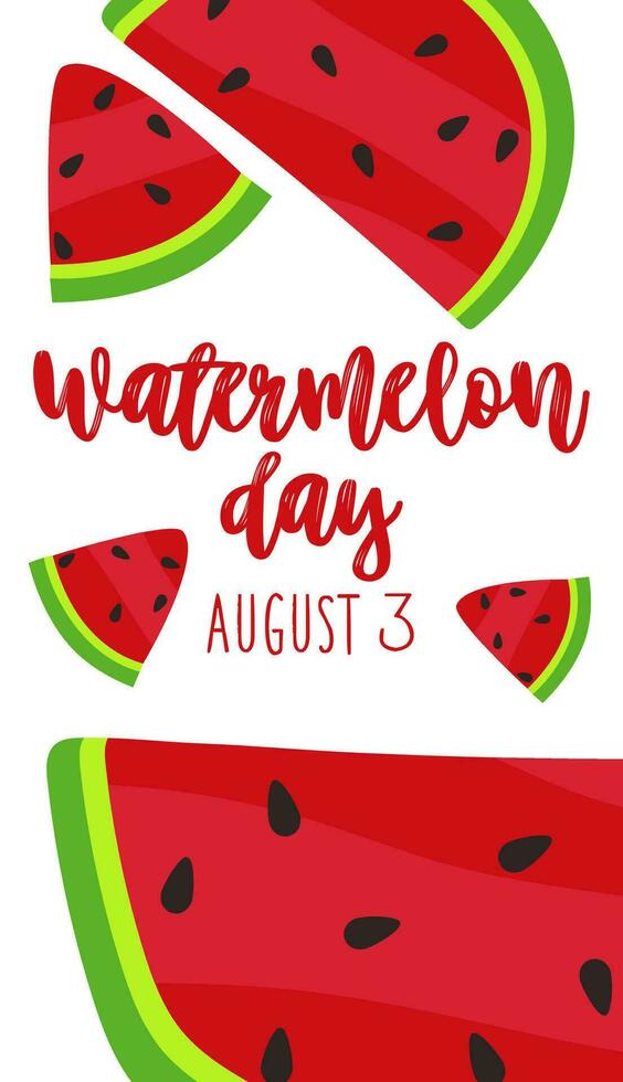Watermelon Day, August 3. Background with congratulations for the American holiday. Lots of cartoon large and small watermelon slices on a white. Illustration for poster, sticker, banner, postcard vector