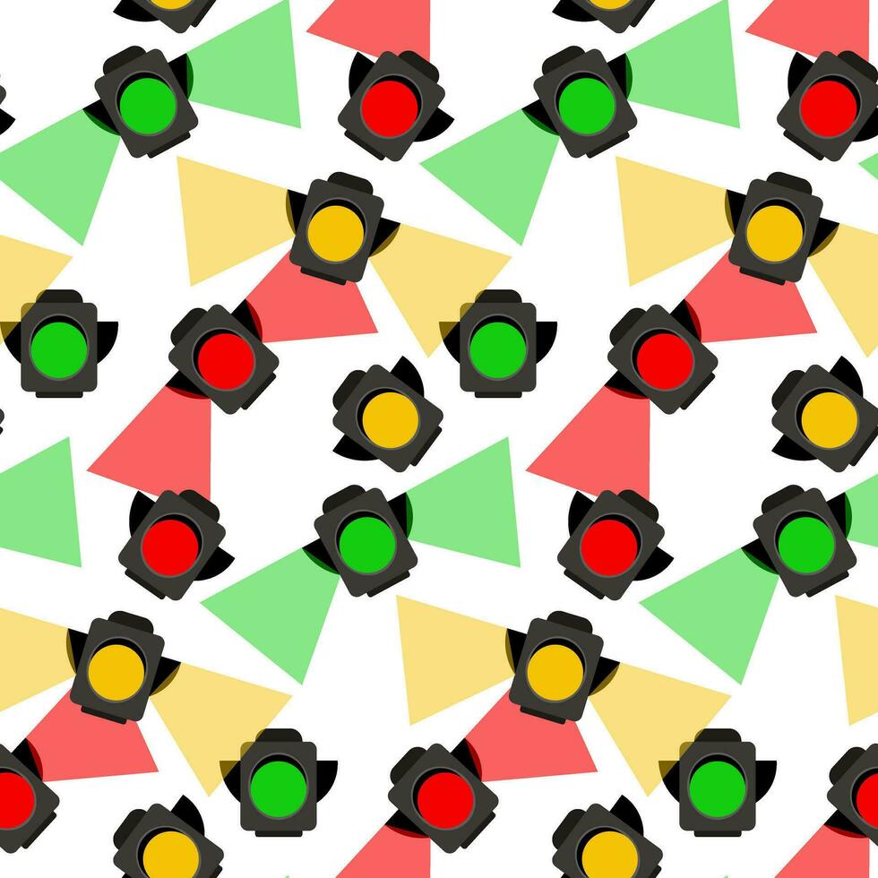 A pattern with traffic lights and different burning colors. Seamless background with a pattern of traffic lights with different lights burning in different directions glow. Children's, educational vector