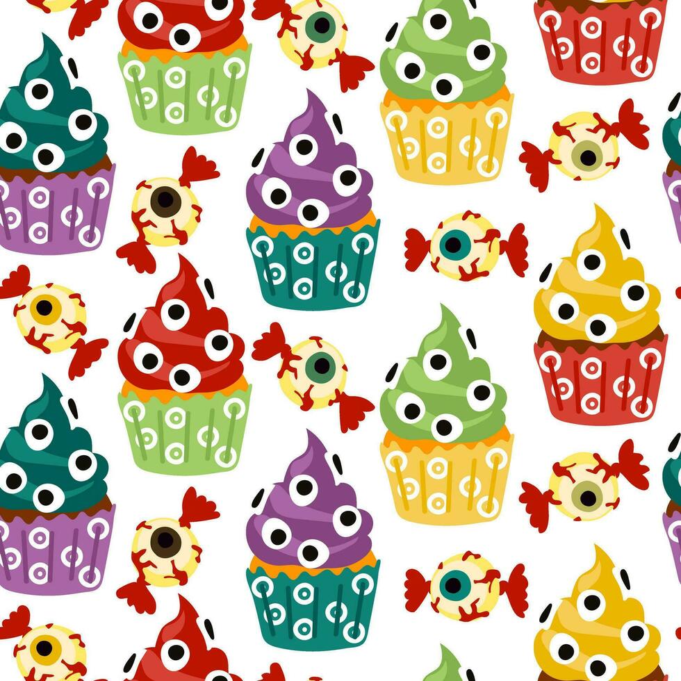 Seamless pattern of eye-catching Halloween cupcakes on a white background. Happy Halloween, scary sweets. Cartoon pattern with colored monsters with eyes and candy in the form of human eyes vector
