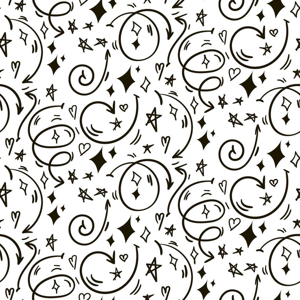 A pattern of rounded linear arrows of different shapes and directions in a street style with a black marker on a white background. Arrows and details, mini drawings, stars, highlights, hearts. Texture vector