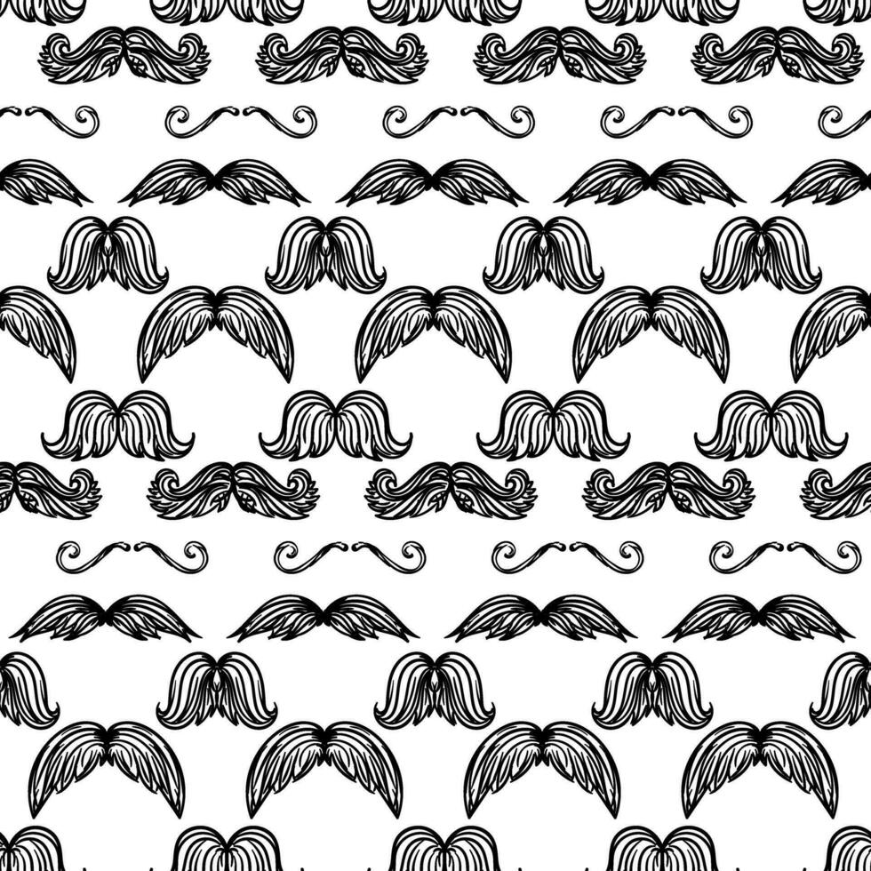 A pattern of graphic icons with a hipster mustache in the grunge style. A large collection of mustaches with a linear texture. Vector illustration. For printing on textiles and paper
