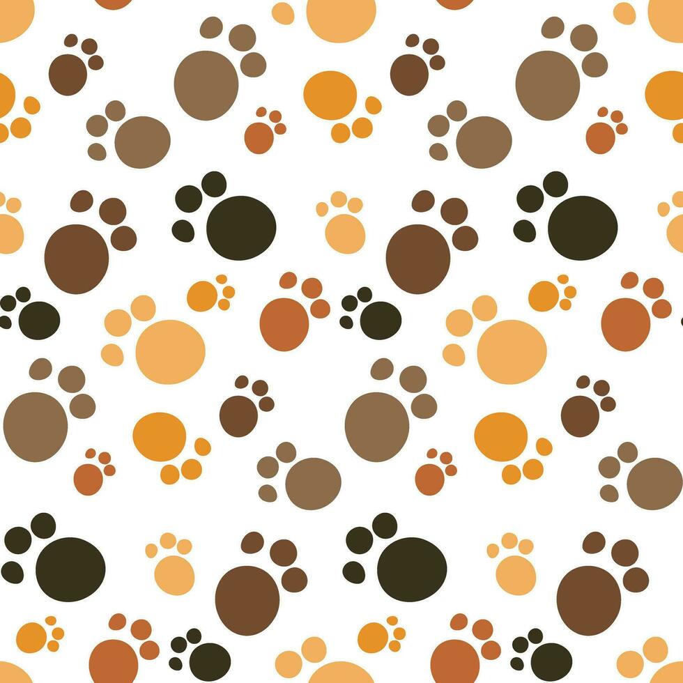 Pattern of colored cat paws, multicolored seamless background, shades of brown vector illustration. Printing on textiles and packaging paper, veterinary clinic. Cartoon abstract background