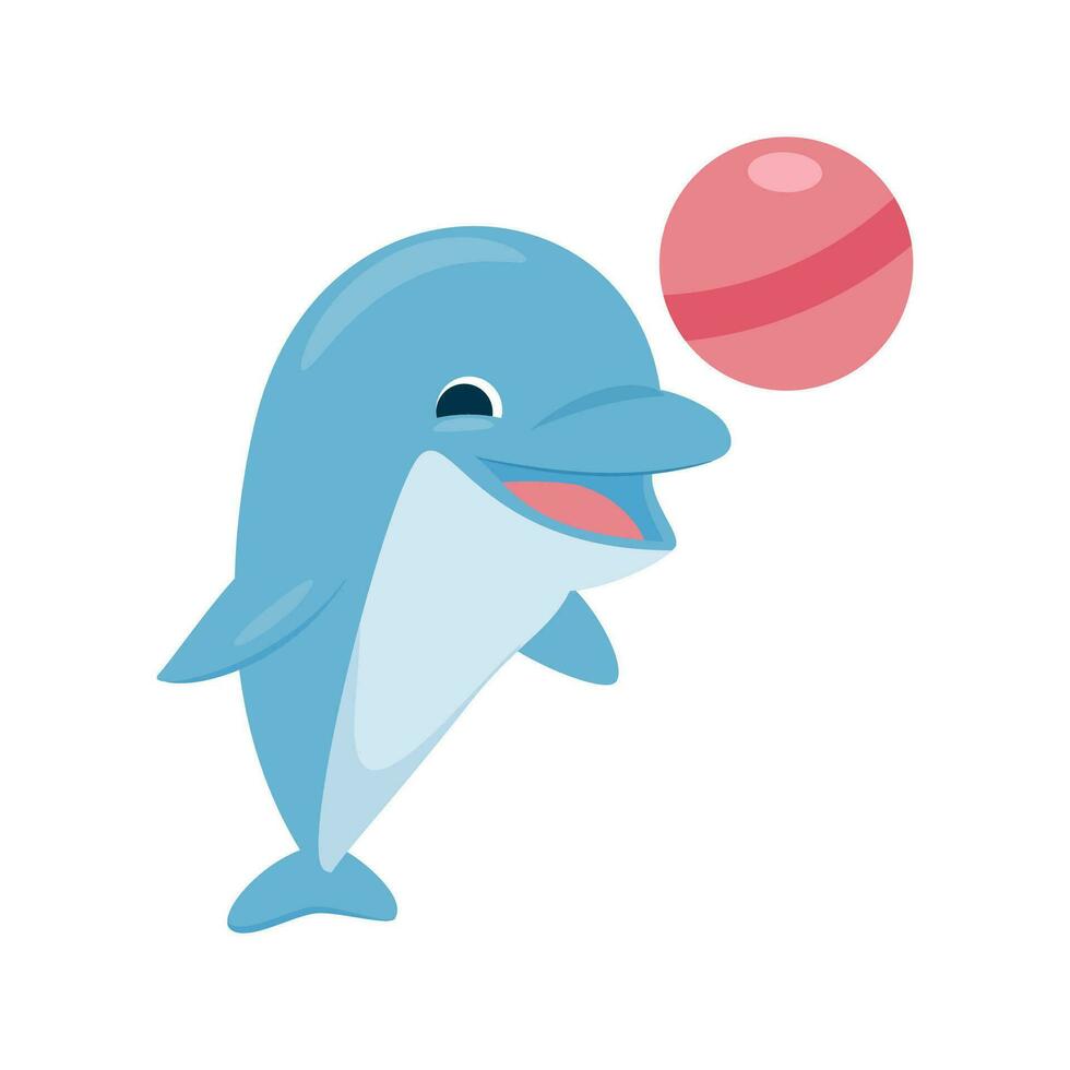 A cute blue dolphin is playing with a ball. Vector illustration isolated on white background.