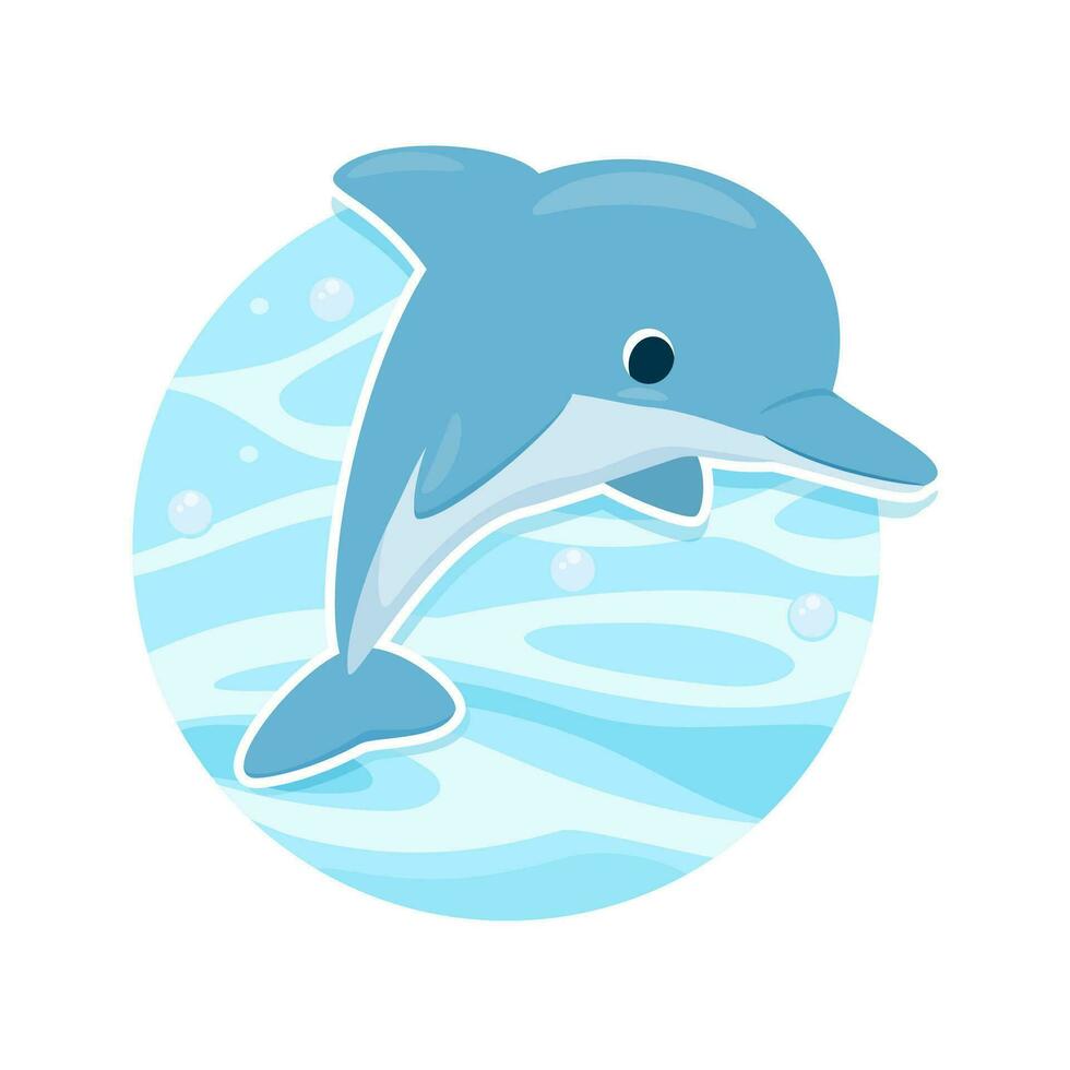 Cute sea dolphin on the background of sea waves. Vector illustration in modern style for your design. Sticker template on a white background.