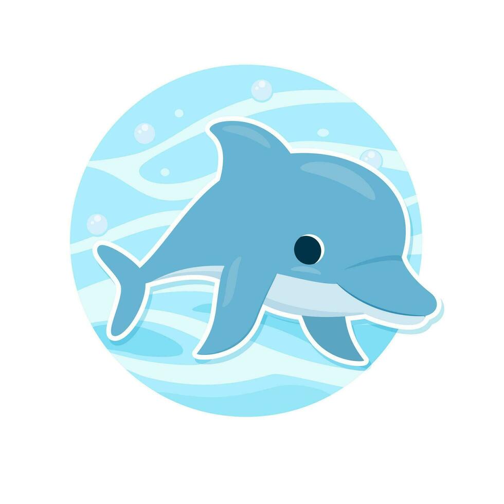 linda mar delfín en el antecedentes de mar ondas. vector ilustración en moderno estilo para tu diseño. pegatina modelo en un blanco antecedentes.