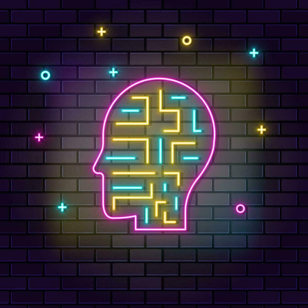 Mechanism, robot, man icon , neon on wall. Dark background brick wall neon icon. vector