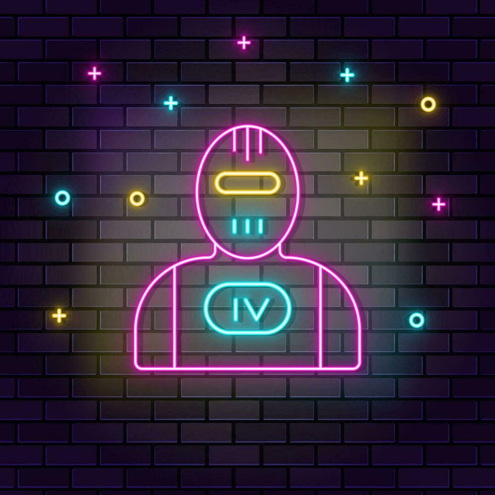 Terminator, robot icon , neon on wall. Dark background brick wall neon icon. vector
