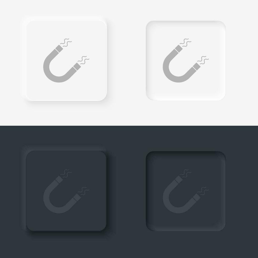 Magnet, neomorphism style, vector icon with button. On black and white background