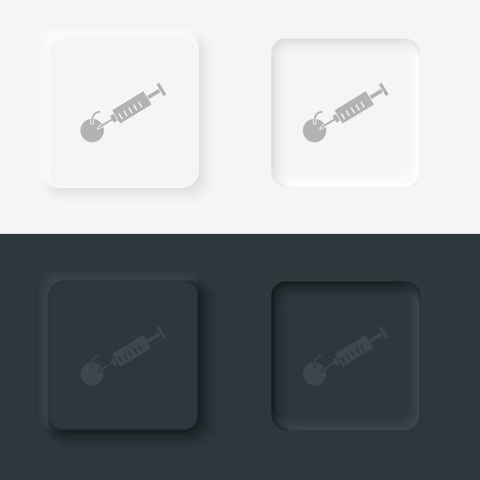 Syringe, apple, neomorphism style, vector icon with button. On black and white background