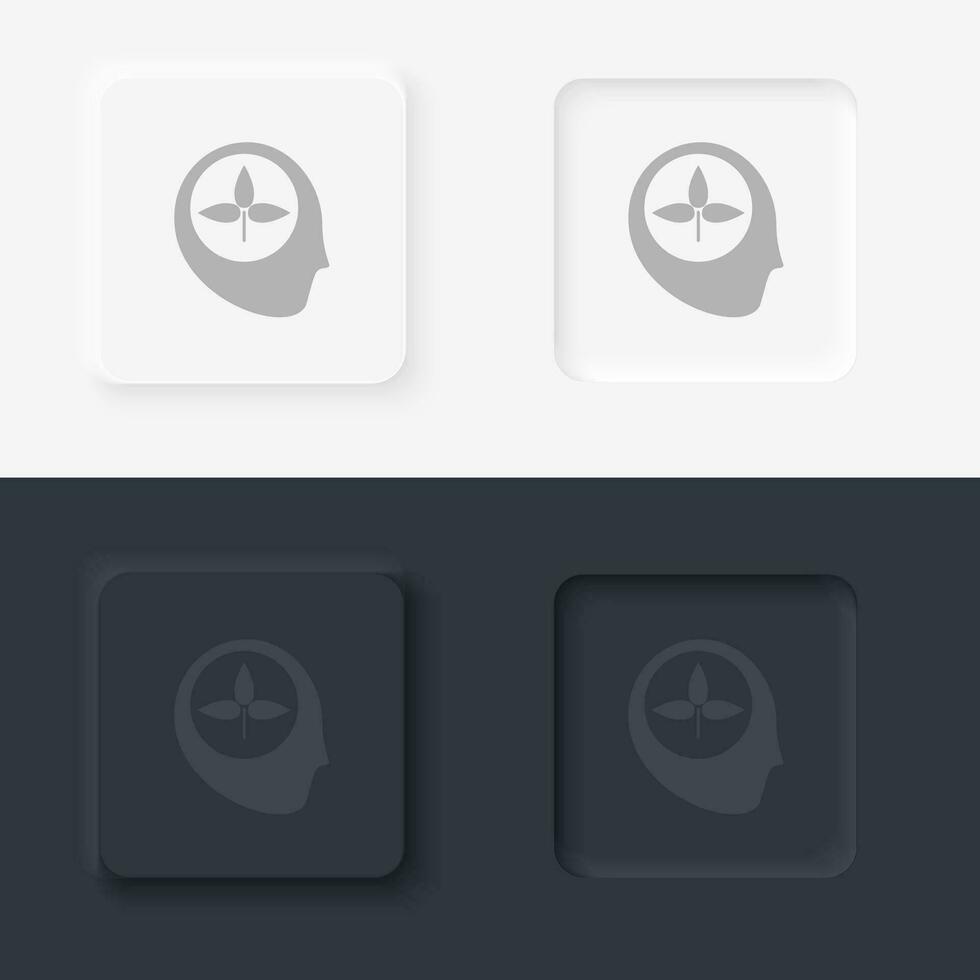 Consciousness, learning, biology, neomorphism style, vector icon with button. On black and white background