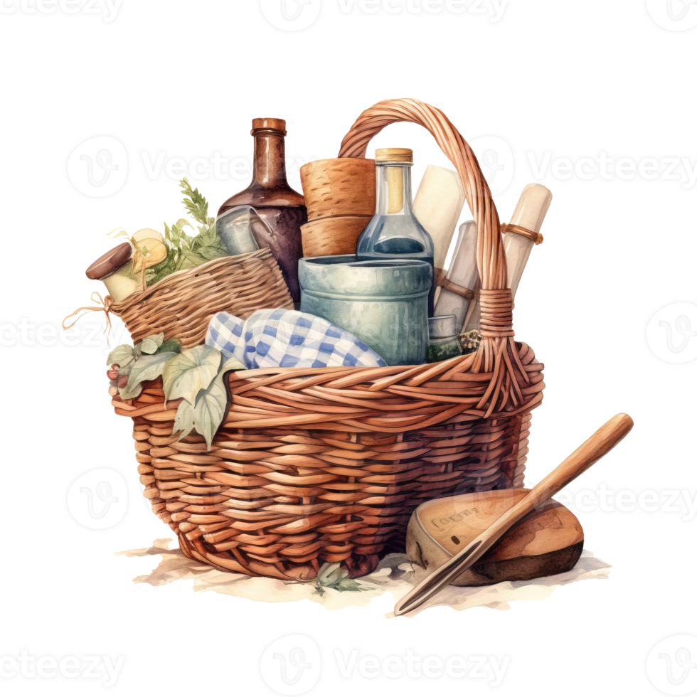 Woven basket, picnic basket, food woven basket image. High quality ai image png