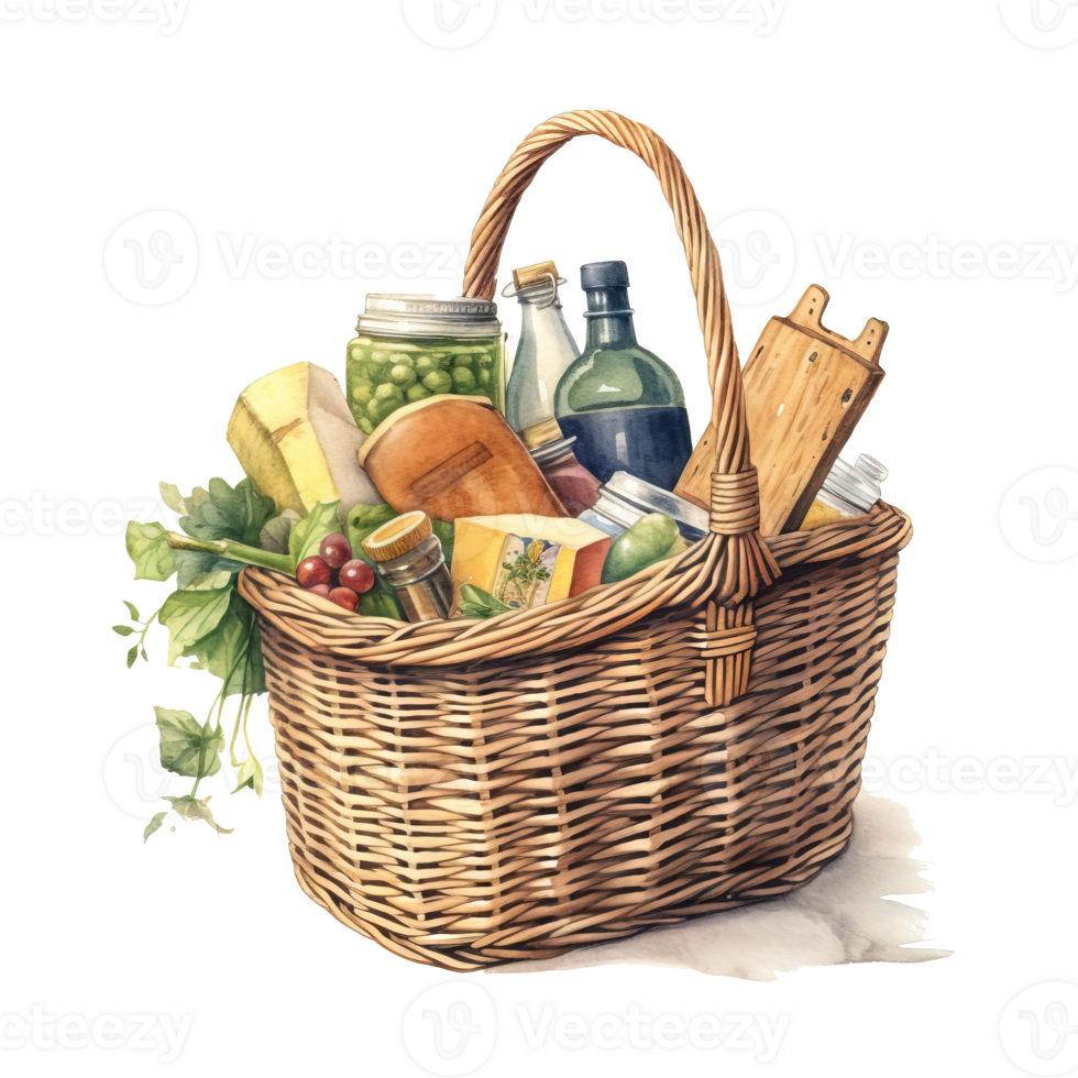 Woven basket, picnic basket, food woven basket image. High quality ai image png
