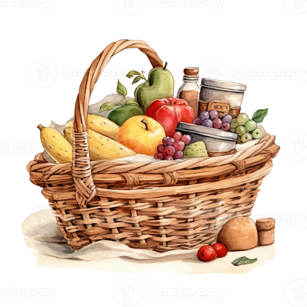 Woven basket, picnic basket, food woven basket image. High quality ai image png