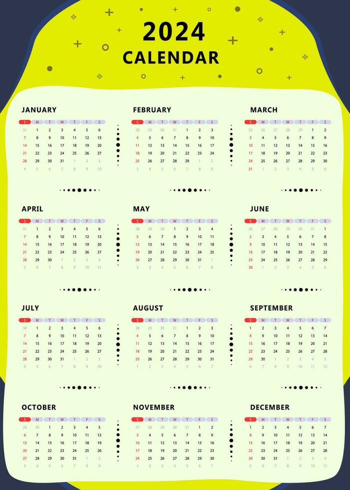 Monthly calendar template of year 2024. Vector design