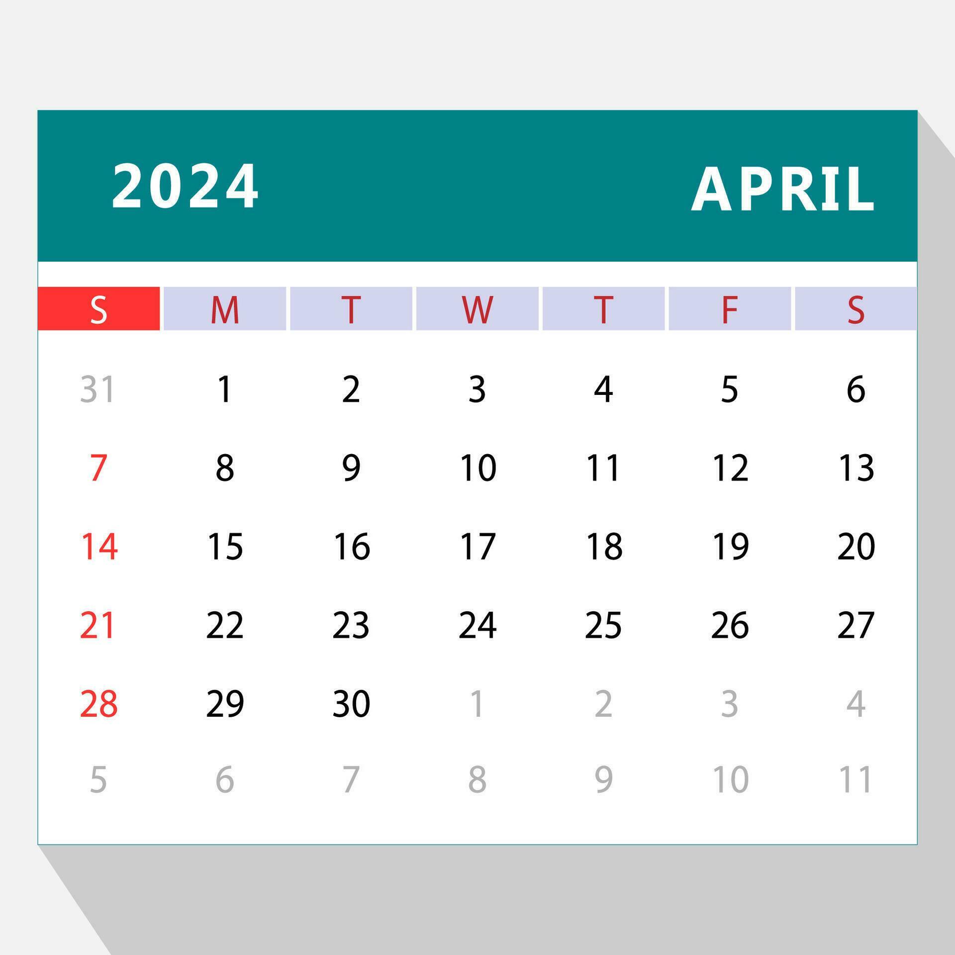 April 2024 calendar template. Vector design 25796471 Vector Art at Vecteezy