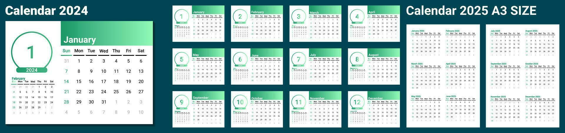 modelo de calendario 2024 y calendario 2025. a5 escritorio calendario 2024 con mínimo diseño y verde gradiente.2 página a3 2025 pared calendario. domingo como fin de semana. semana comienzo en domingo. vector