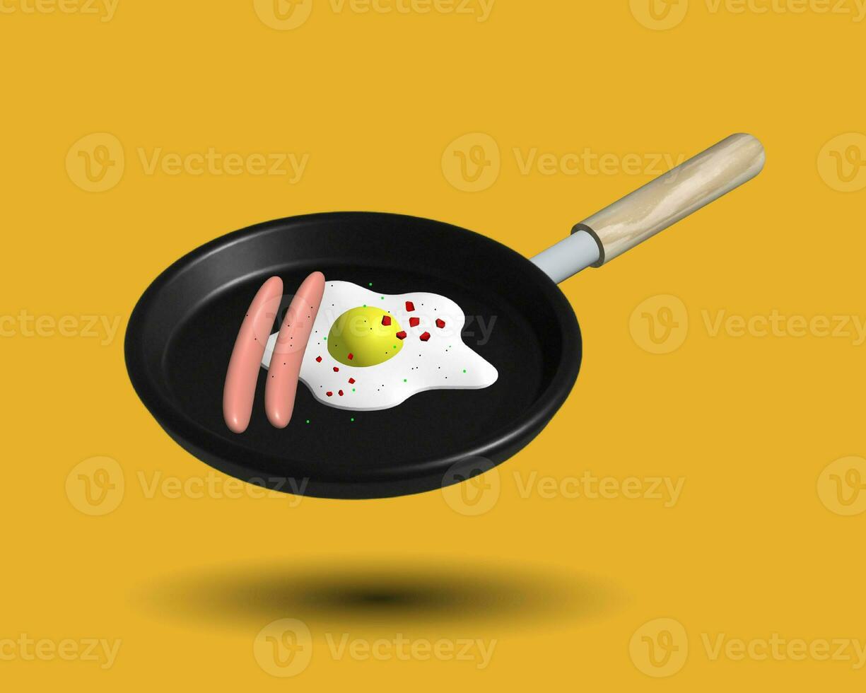 Vector 3d Realistic Black Empty Frying Pan Icon Set Isolated on Yellow Background. Design Template for Mockup. Food, Breakfast Concept. Top and Front or Side View. Egg and sausages photo