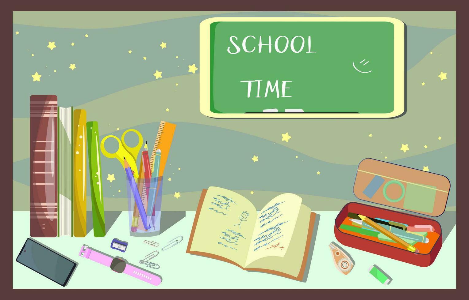 School time, Realistic vector of subjects to study, Application for posters, Banners and postcards, Childrens bright illustration. Pencil case, Chalk board, Time to study