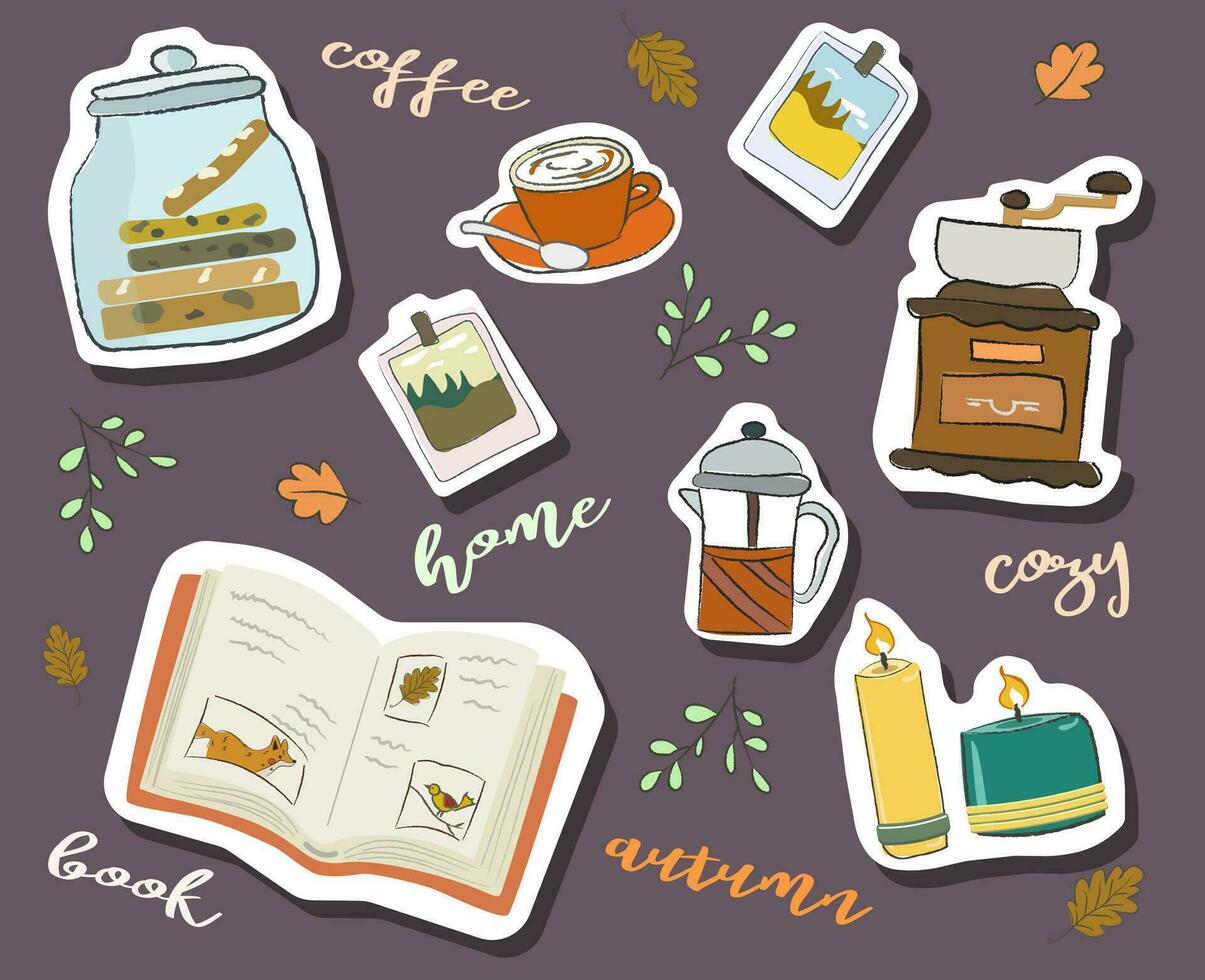 Cozy collection stickers, indoors autumn activities, concept of comfort and coziness, set of isolated vector illustrations, hygge style, hand drawn illustration