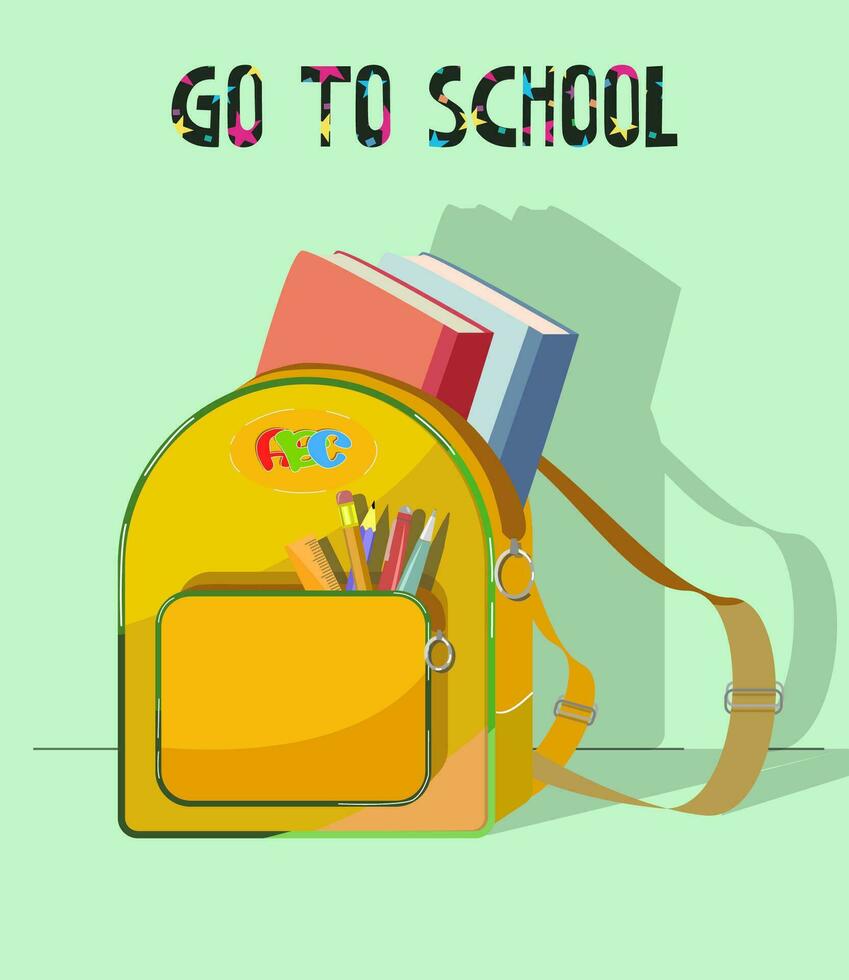 A school backpack with books and an office inside. Banner Go to School . Children s and bright illustration. Yellow bag vector