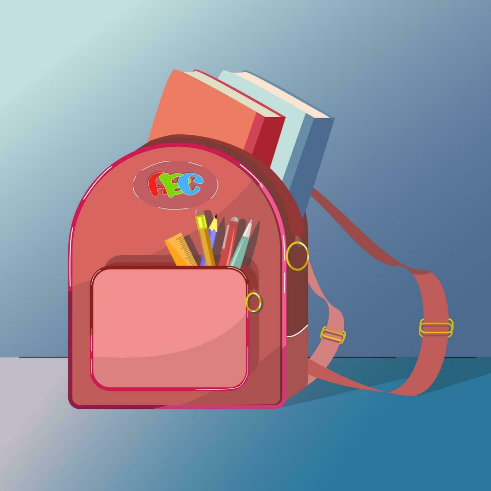 A school backpack with books and an office inside. Banner for theme School . Children s and bright illustration. Red bag vector