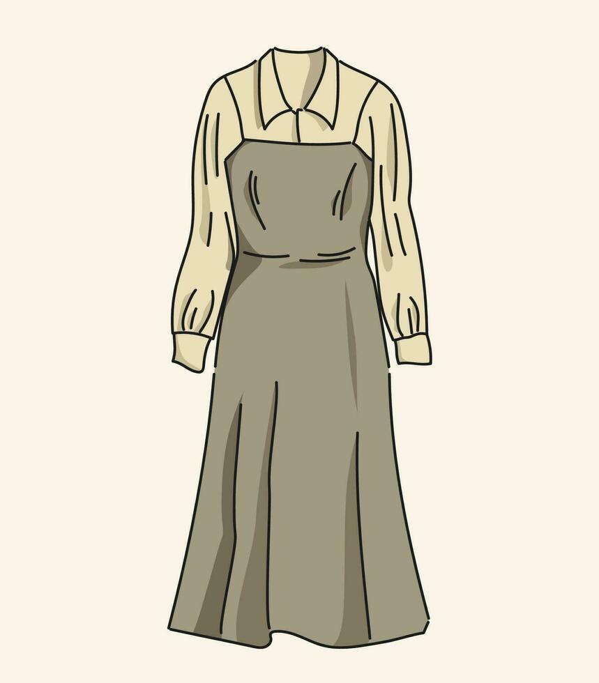 Womens dress is elegant in retro style, Blouse with ruffles. Minimalism and fashionable Clothes for Girls. Illustration for stores, advertising, websites and banners vector