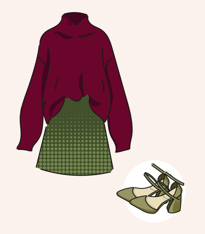 Red Cardigan Jacket with Green Skirt and high heeled shoes. Autumn look. Illustration for magazines and shops vector