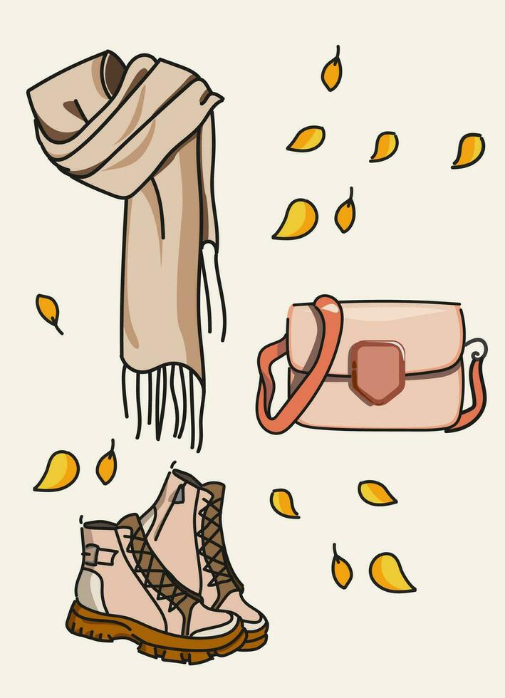 Female autumn image for warmth. Trendy modern design for banners of clothing and footwear stores. Fashion accessories for girls vector