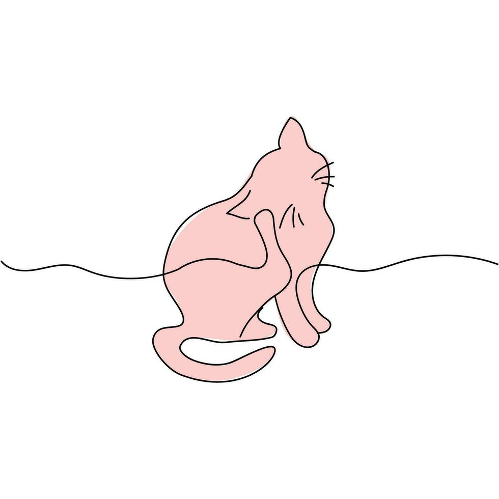 Cat line art design illustration template. Cute silhouette of cat. Pink cat scratches his ear vector