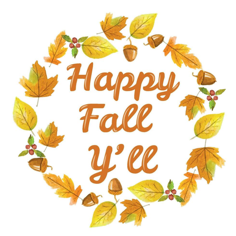 Autumn background. Minimalistic wreath with Berries, acorn and leves. Frame with text Hello Fall Yall. Thanksgiving and Harvest Day. Leaf fall horizontal banner. Vector illustration