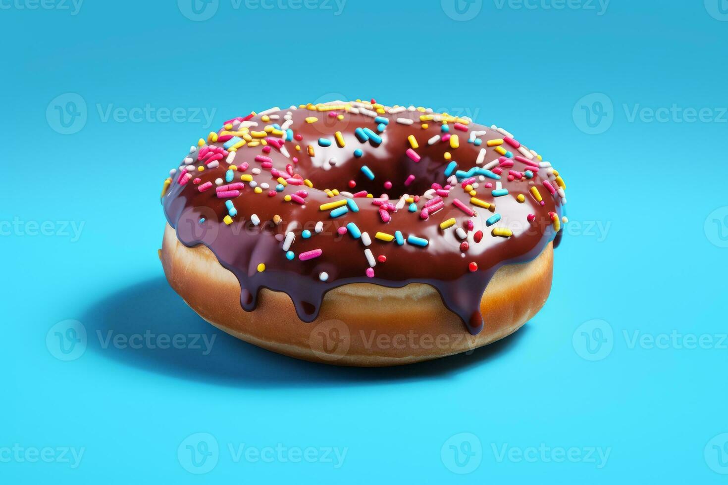 Closeup chocolate doughnut isolated floating on blue background