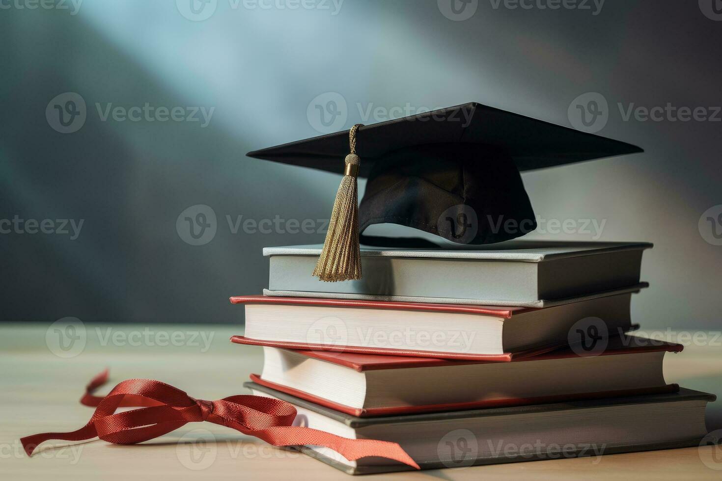 view of stacked books and graduation cap for education day photo
