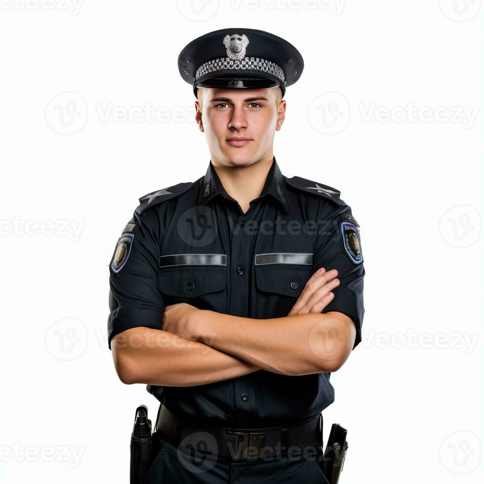 a man wearing a police uniform stands against a white background. photo