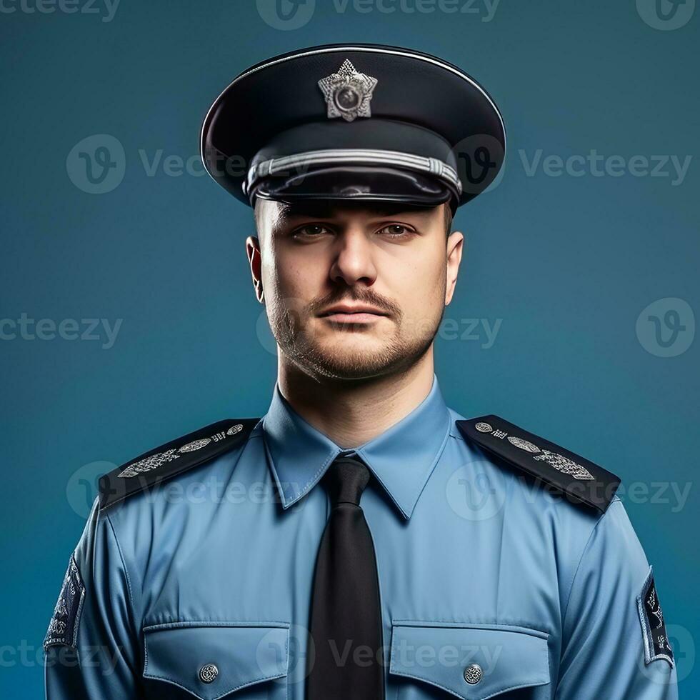 a man wearing a police uniform stands against a blue background