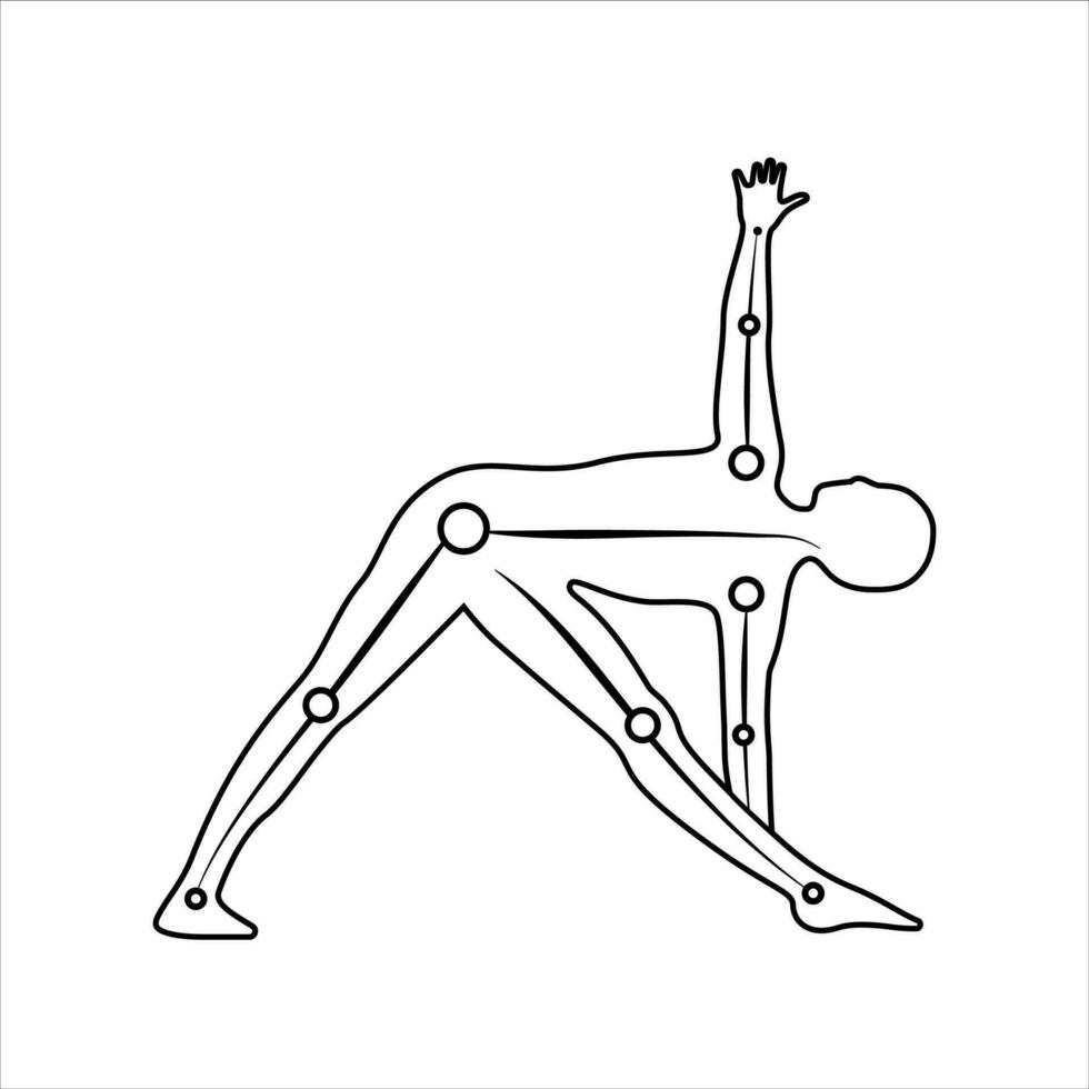 Vector linear illustration of triangle pose with limbs isolated on white background. Yoga icon for logo design, asana illustration, blog, prints, tags.