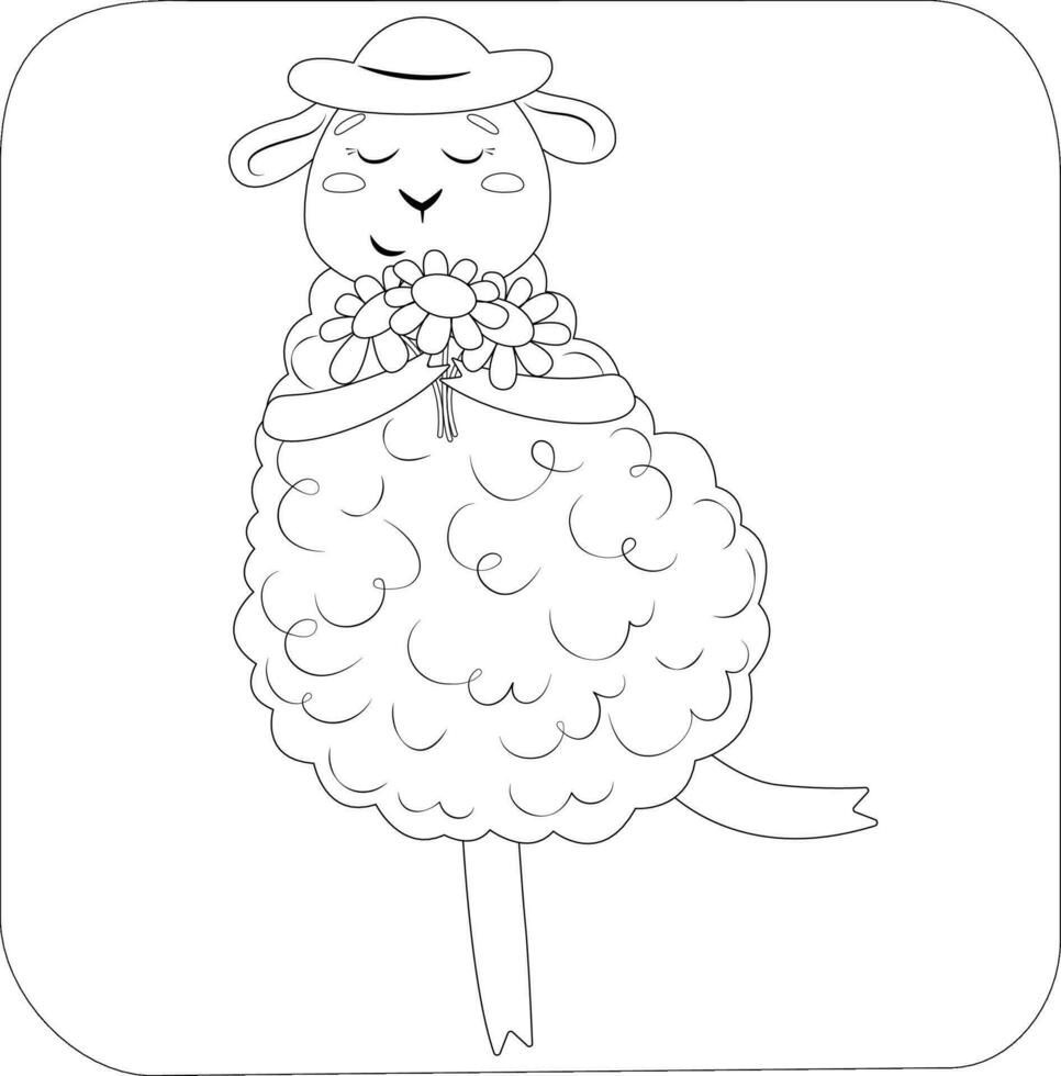 Coloring page with a sheep in a hat and flowers vector