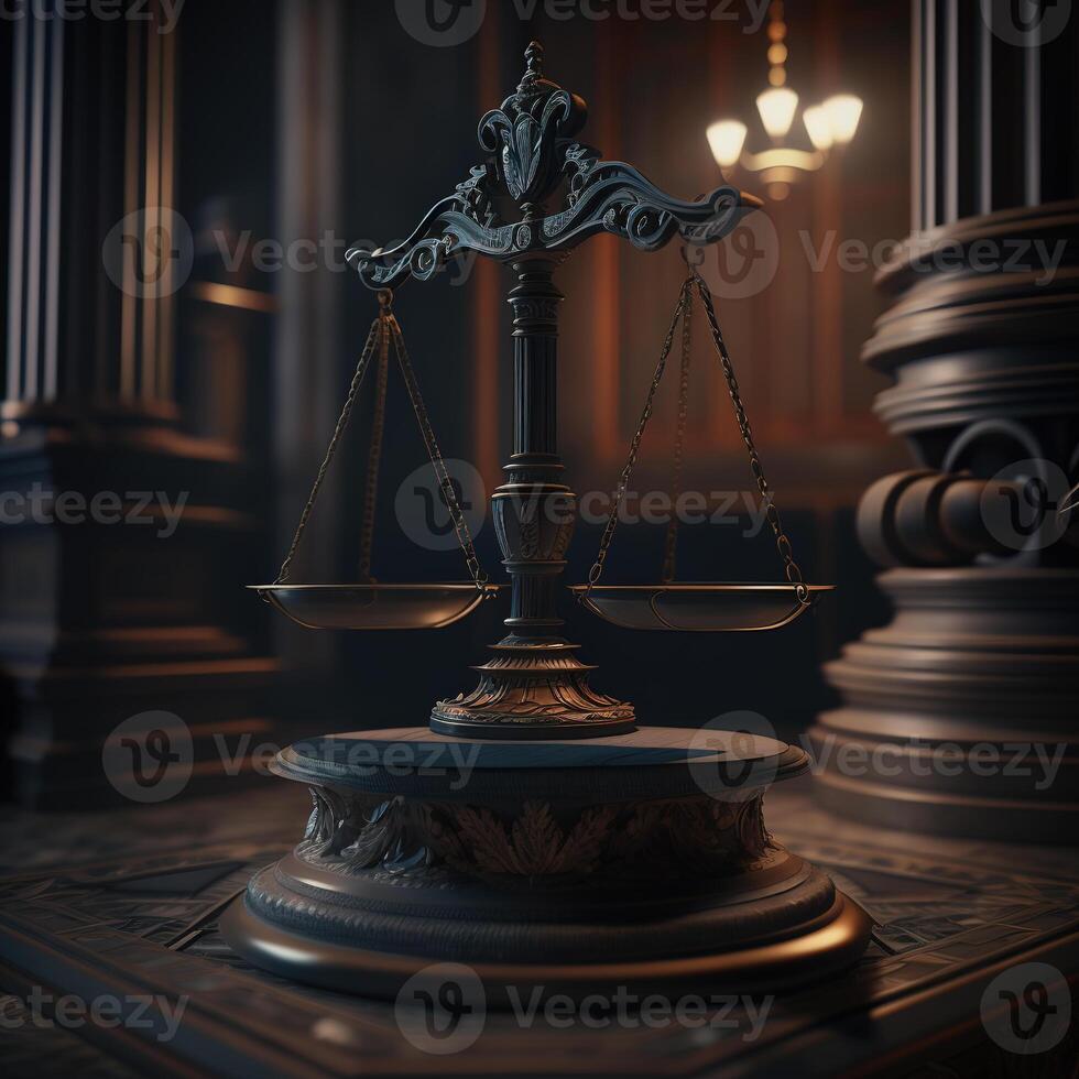 Scales of Justice in the dark Court Hall, Law concept. photo